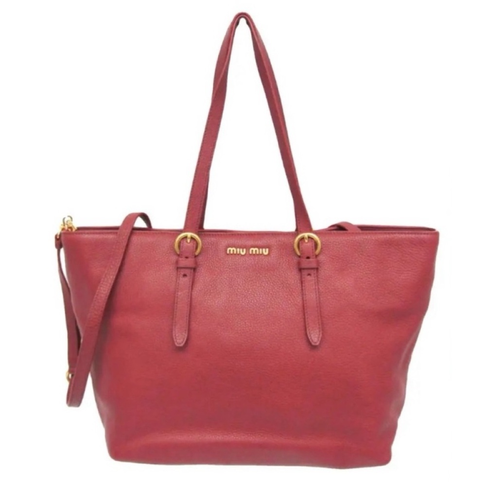 MIU MIU Vitello Two-Way Shopper Tote Bag Calfskin Leather Red Gold Hardware